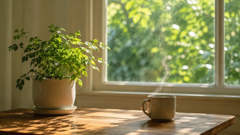 窓辺から差し込む朝の光と観葉植物、自分の心と向き合う静かな時間のイメージ