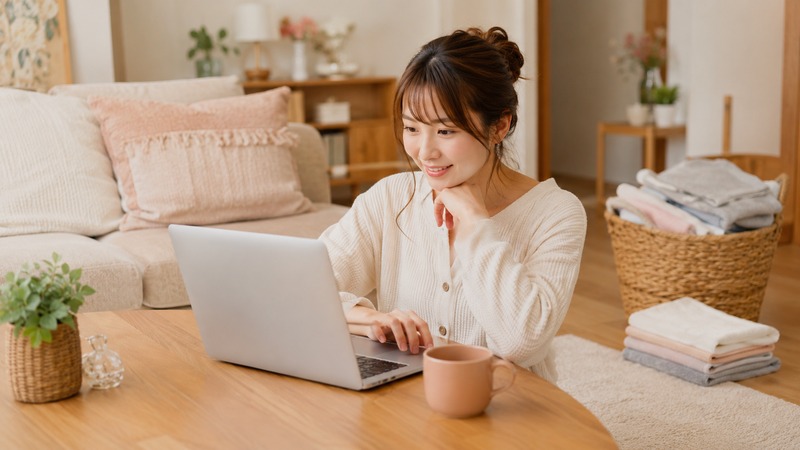 すきま時間に在宅で副業として働く女性のイメージ