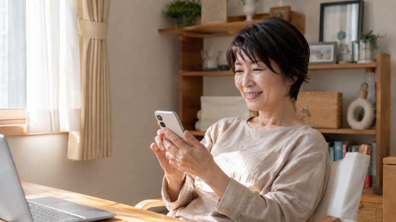 自宅のデスクでスマホを手に笑顔でくつろぐ大人の女性のイメージ
