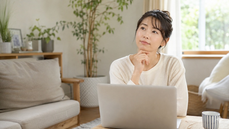 自宅でノートパソコンに向かいながら考えごとをする女性のイメージ
