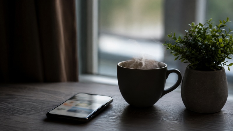 スマホの画面とコーヒーカップが置かれたテーブル、オンラインのやり取りを連想させるイメージ