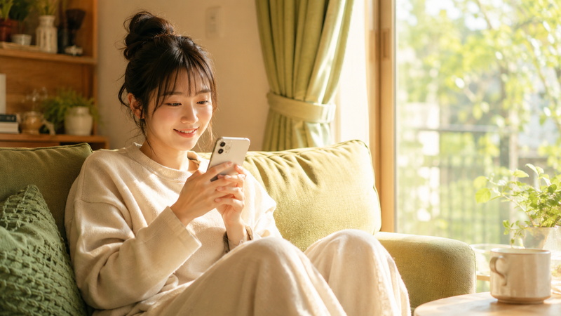窓辺でくつろぎながらスマホで会話を楽しむ、ノンアダルトの雑談配信を思わせるイメージ