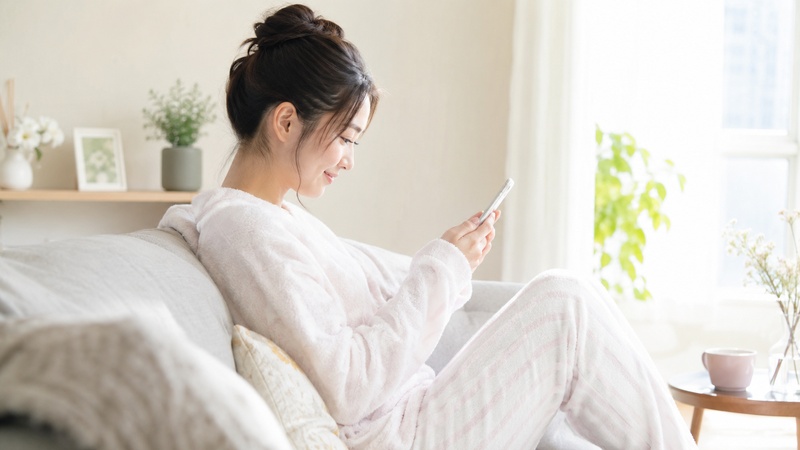 自宅の部屋でくつろぎながら配信の準備をする女性のイメージ