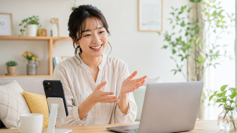 スマホやパソコンの前で笑顔で会話するチャットレディのイメージ
