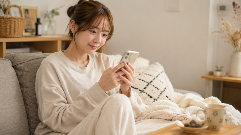 自宅でリラックスしながらスマホで会話を楽しむ女性のイメージ