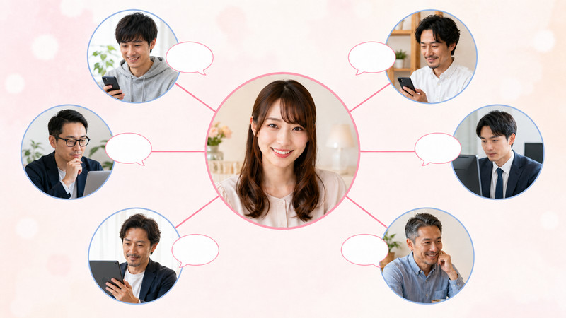 複数の会員と同時に会話するパーティーチャットの仕組みを表すイメージ