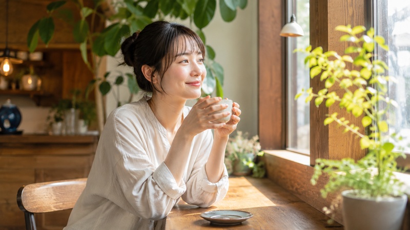 お気に入りのカフェでリラックスして過ごす女性。自分らしい時間のイメージ