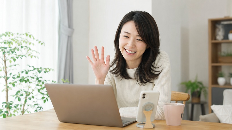 自宅でスマホやパソコンを前におしゃべりするチャットレディのイメージ