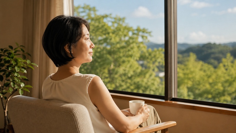 窓辺で穏やかにくつろぐ大人の女性のうしろ姿、落ち着いた雰囲気