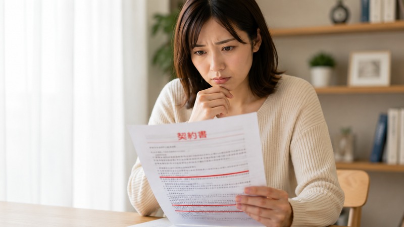 チャットレディの契約書を見て不安そうにする女性のイメージ