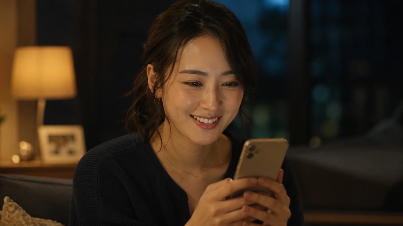 落ち着いた雰囲気でスマホを手に取る30代女性のイメージ