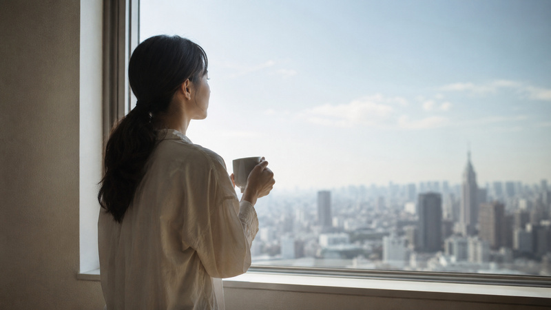 窓辺で一息つきながら考えごとをするイメージ