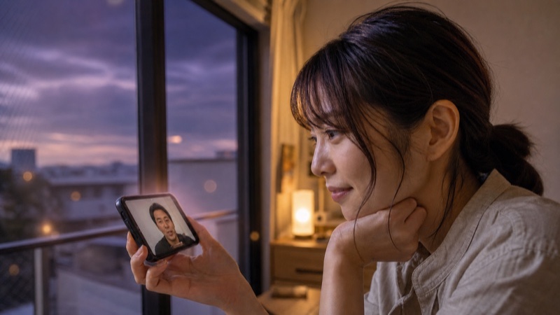 スマートフォン越しの男性の話を先入観なく聞く女性のイメージ
