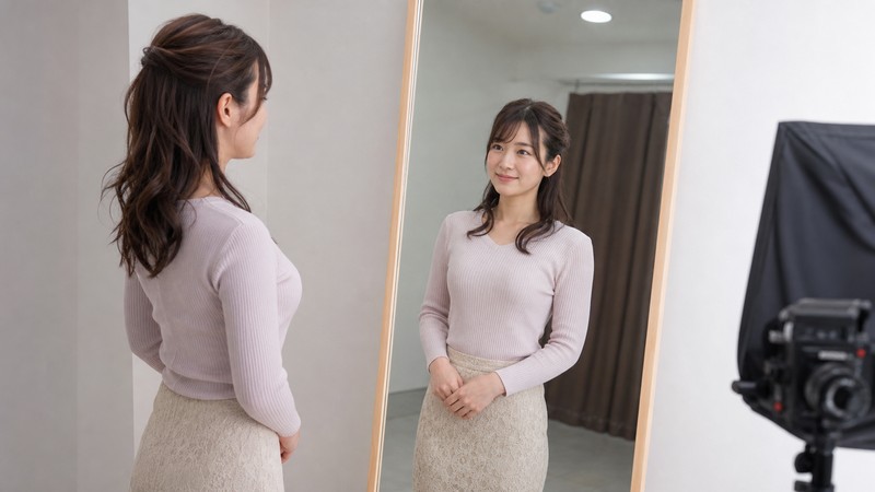 待機中の表情と姿勢を鏡で確認するチャットレディのイメージ
